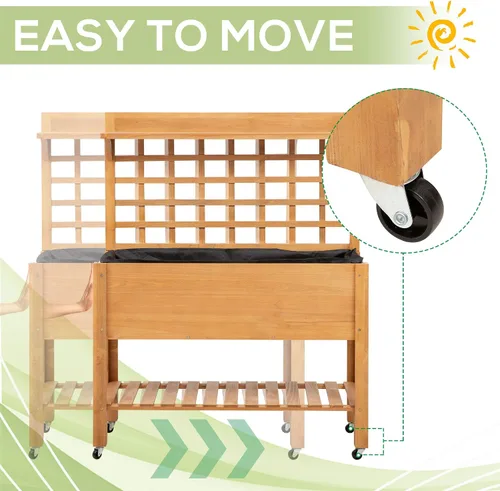 Vista 3 de Outsunny Cama de jardín elevada de 41 pulgadas con enrejado sobre ruedas, maceta elevada de madera con patas y forro de cama, para flores, hierbas