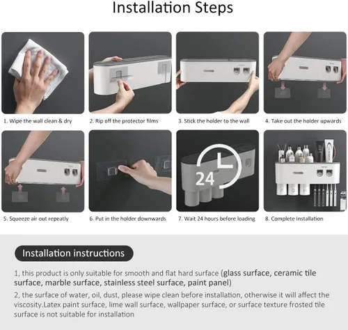 Vista 6 de Soporte para cepillos de dientes montado en la pared con 2 dispensadores automáticos de pasta de dientes, soportes para cepillos de dientes