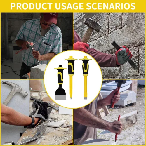 Vista 8 de Juego de cinceles resistentes de 3 piezas con protección de manos, cinceles de piedra de hormigón y mortero, utilizado para demolición, tallado