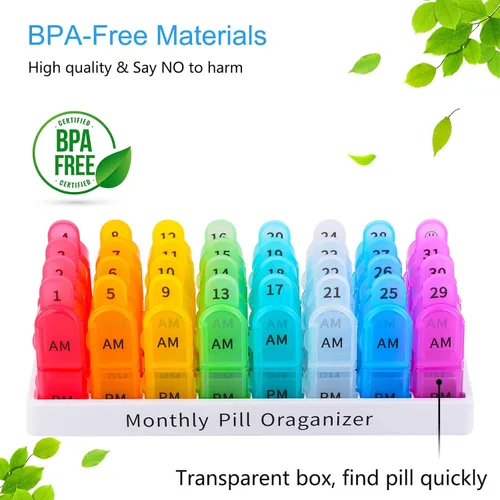 Vista 3 de Greencycle Organizador mensual de pastillas para 30 días, 2 veces al día, organizador de medicamentos de 4 semanas, a prueba de humedad