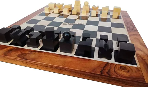 Vista 2 de Juego de ajedrez modelo Bauhaus Mid Century Tournament Ajedrez de madera con tablero de ajedrez de madera de ébano de 17 pulgadas con bordes