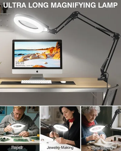Vista 3 de Lupa 10X y 5X con luz, brazo oscilante ultra largo, 5 colores y 10 de brillo, lente de cristal real, lámpara de aumento grande para manualidades
