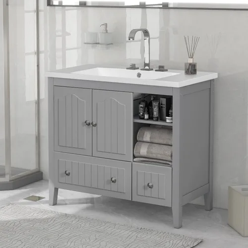 Vista 41 de Tocador de baño multifuncional de 30 pulgadas con lavabo individual, armario combinado de montaje inferior, marco de gabinete de baño de madera
