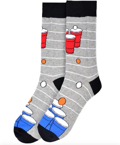 Vista 2 de Calcetines divertidos para hombre, varios patrones (Beer Pong, gris, 1 par), Beer Pong - Gris