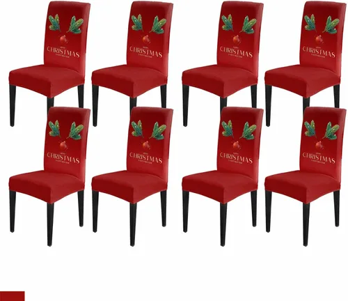 Vista 60 de Savannan - Juego de 4 fundas para sillas de árbol de Navidad, bolas de copos de nieve de color rojo invierno, fundas elásticas para sillas Parsons