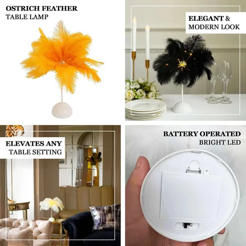 Vista 4 de Efavormart - Lámpara de mesa LED de plumas de avestruz blanca de 15 pulgadas, centro de mesa inalámbrico con pilas para bodas y fiestas, luz