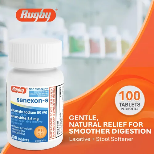 Vista 2 de Rugby Senexon-S - Ingrediente laxante vegetal natural más suavizante de heces, alivio del estreñimiento, Docusate Sodium 50 mg, senósidos 8.6 mg