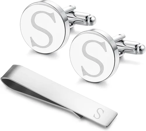 Vista 53 de LOYALLOOK - Gemelos de acero inoxidable grabados con inicial y clip de corbata, diseño de letras del alfabeto con caja de regalo, A-Z