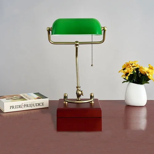 Vista 3 de Lámpara de mesa Esmeralda Verde Vidrio Luz de lectura Base de madera 1920 Clásico Banker lámpara Verde Pull Switch LED Lámpara de escritorio