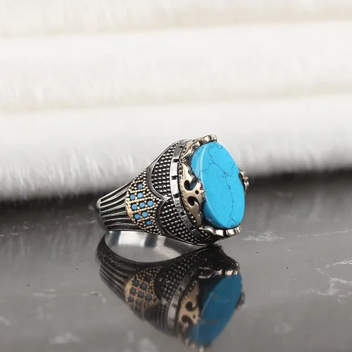 Vista 2 de Anillo de plata de ley 925 para hombre piedra turquesa joyería de moda regalo vintage anillos de ónix Aqeq para hombre todos los tamaños