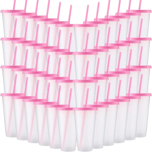 Vista 27 de Honeydak Paquete de 60 vasos con popote y tapa, vasos a granel para regalos, tazas de café de plástico con purpurina de 24 a 27 onzas, botella
