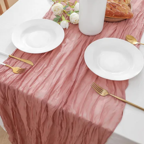 Vista 4 de Paquete de 12 manteles de gasa con rosa de cedro polvoriento, de 10 pies, para decoración de boda (35 x 120 pulgadas)