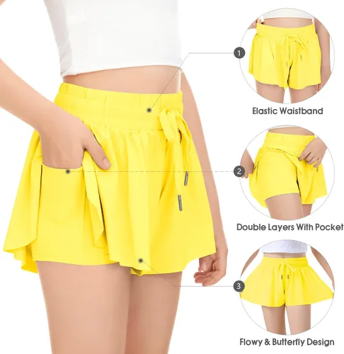Vista 3 de Paquete de 2 pantalones cortos de mariposa para niños y niñas, pantalones cortos holgados con bolsillo 2 en 1, pantalones cortos deportivos