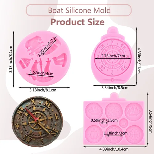 Vista 2 de Molde de silicona con temática pirata, juego de 3 moldes para veleros Brújula molde de chocolate monedas del tesoro molde de caramelo Cupcake