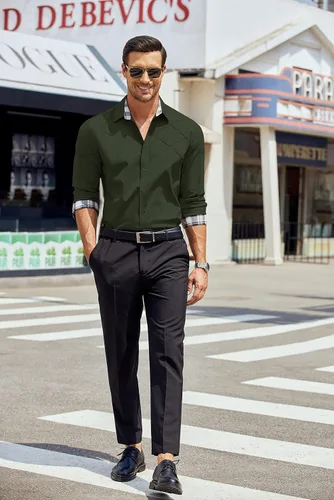 Vista 3 de COOFANDY Camisas de vestir de algodón para hombre, manga larga, cuello a cuadros, ajuste delgado, casual, con botones