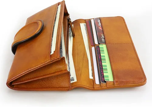 Vista 8 de Cartera de cuero para mujer, hecha a mano, con bolsillo con cremallera