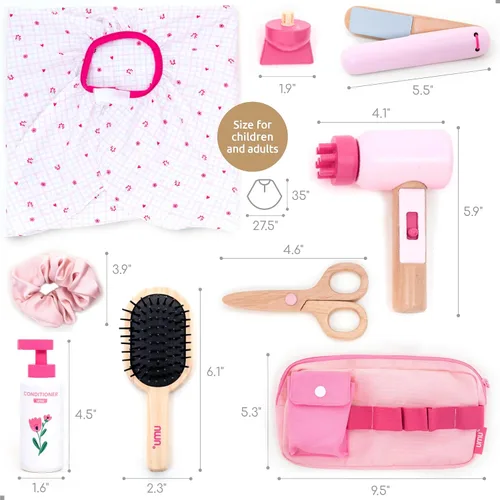 Vista 5 de UMU® Juego de peluquería de madera – 17 piezas de juguete de peluquería con secador de pelo, alisador, peine de espejo y accesorios – Diseño