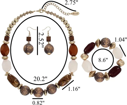 Vista 6 de BOCAR Collar de cuentas de madera grueso, aretes, pulsera hecha a mano, 3 juegos para regalo de mujer