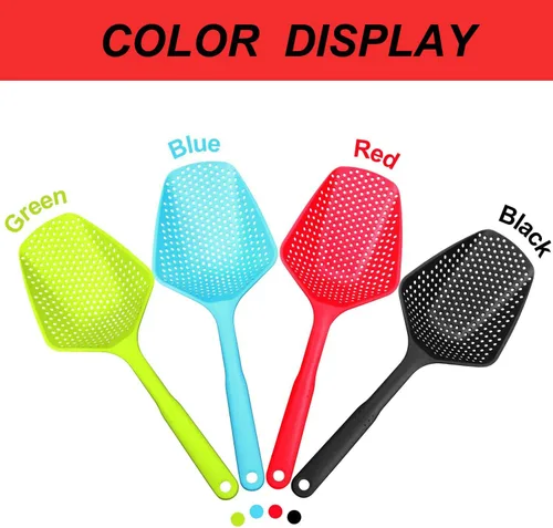 Vista 6 de Colador de nailon para cocina, cuchara espumadera con mango largo, coladores de pala de drenaje, palas con fugas de agua, coladores de pala