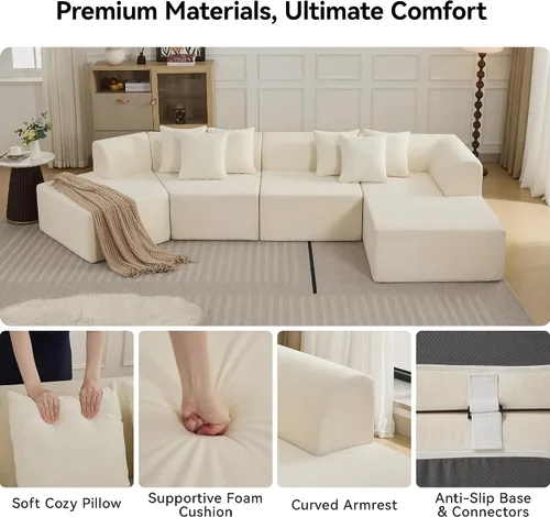 Vista 5 de Sofá seccional curvo de terciopelo nube extragrande de 140'', sofá sin estructura con chaise longue en forma de L, sofá seccional modular tapizado