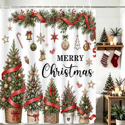 Vista 4 de Merry Christmas Tree Ornaments Waterproof Shower Curtain Set with Hooks Navidad