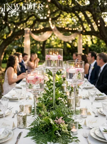 Vista 3 de Portavelas de cristal alto: portavelas flotantes de tallo largo para velas votivas y pilares grandes centros de mesa transparentes para boda, mesa