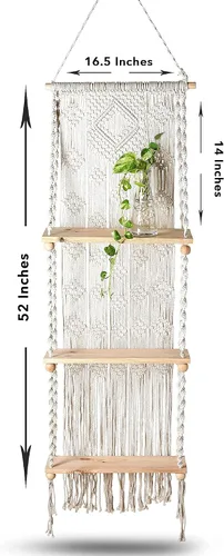 Vista 2 de Folkulture Estante de pared colgante de macramé de 3 niveles o estantes flotantes para decoración bohemia de habitación, estantes colgantes