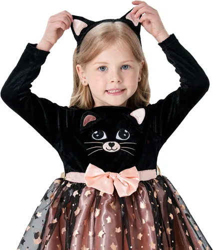 Vista 4 de Wizland Disfraz de gato lindo para niñas, traje de cosplay de gato, regalo de cumpleaños de Navidad para niñas Vestido de gato con diadema