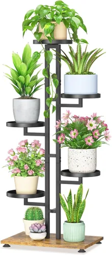 Vista 25 de LASZOLA Soporte para plantas de 5 niveles alto de madera y metal para interiores para macetas de servicio pesado, estante vertical grande