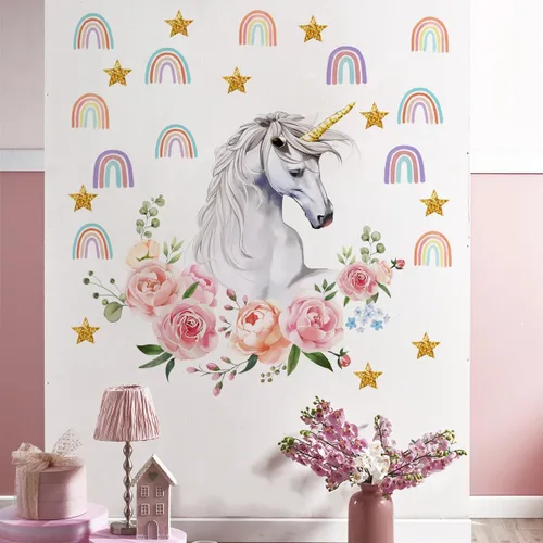 Vista 7 de Runtoo Calcomanías de pared de unicornio rosa arcoíris para niñas, dormitorio, bebé, guardería, habitación de niños, decoración de fiesta de 2