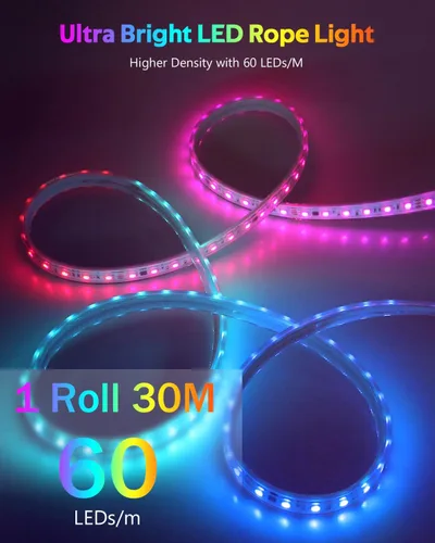 Vista 3 de Tira de luz LED inteligente de 100 pies, RGB IC, 1 rollo de 24 V, tira de luces LED direccionables para exteriores, impermeable, multicolor, luces