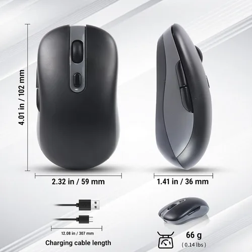 Vista 4 de Ratón inalámbrico, 3 modos Bluetooth 5.0 y 4.0, 2.4G, recargable, ergonómico, con 6 botones, para laptop, PC, Mac, iPad Pro, computadora (negro)
