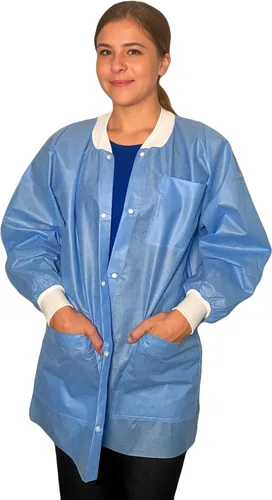 Vista 2 de Chaqueta de laboratorio Endure, desechable, longitud de cintura o cadera, cuello de punto y puños de punto, material SMS, caja de 30