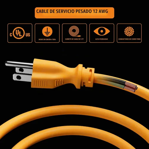 Vista 5 de Masterplug Carrete de cable de 1 pie, tambor de cable de metal, cable de extensión retráctil con mango de bobinado, disyuntor de sobrecarga