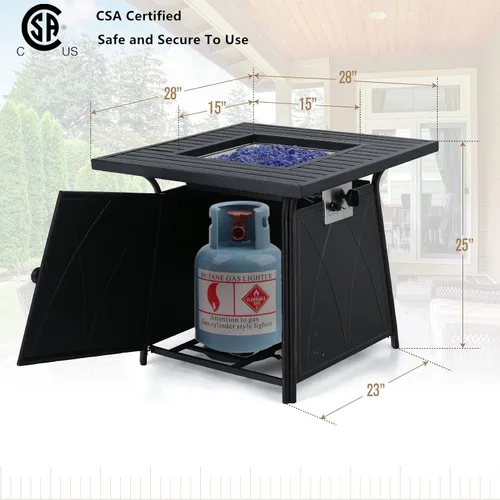 Vista 5 de MFSTUDIO Mesa para fogata de gas de 28 pulgadas, 50000 BTU de acero propano a rayas cuadrada con tapa y vidrio azul para patio, patio trasero y Negro