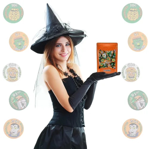 Vista 4 de Fruidles Monedas de dinero de monstruo de Halloween, rellenos de bolsas de fiesta de dulce o truco, envueltas individualmente en papel de aluminio