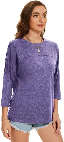 Vista 95 de ZENNILO Camisetas casuales de manga 3/4 para mujer, holgadas, cuello redondo, lindas camisetas básicas