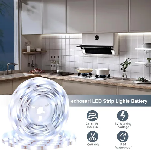 Vista 5 de echosari 2 piezas de tiras de luces que funcionan con pilas, 9.8 pies 90 luces LED autoadhesivas con control remoto y temporizador, tira de luz
