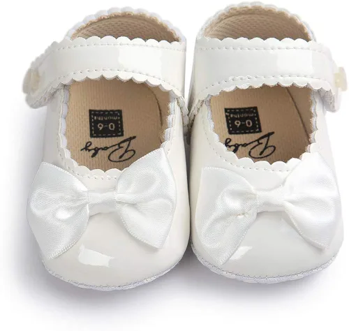 Vista 7 de Meckior - Zapatos bajos y livianos para bebés estilo Mary Jane con suela suave y lazo decorativo para vestidos de princesa o bodas para niñas que