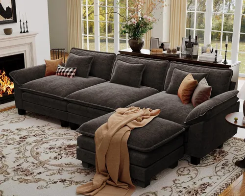 Vista 107 de Sofá modular de gran tamaño de 154 pulgadas, cómodo sofá en forma de U con 3 otomanas móviles, sofá moderno de felpilla de 7 plazas para sala