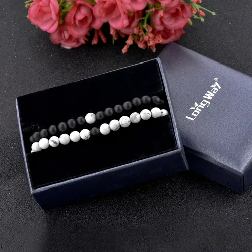 Vista 7 de Pulseras de amistad para parejas, de larga distancia, ágata mate negra y howlita blanca, cuentas de energía natural, brazalete para sus hombres