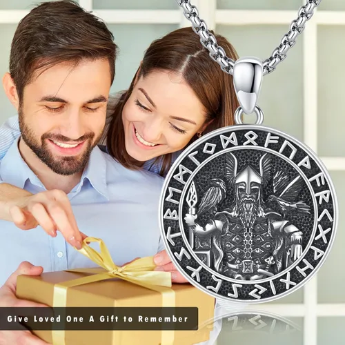Vista 6 de Brisskaari Joyería vikinga para hombre, collar con colgante de plata de ley 925, colgante de amuleto redondo vintage con runa nórdica, cadena