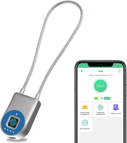 Vista 10 de eLinkSmart - Cerradura de cable de huellas dactilares, cerraduras para nevera con control de aplicación Bluetooth, candado inteligente biométrico