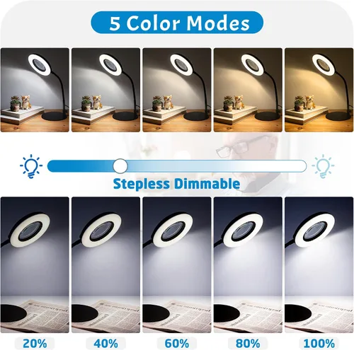 Vista 5 de 12 lupas con luz y soporte, 5 modos de color, 9 niveles regulables, lámpara de aumento de cuello de cisne flexible manos libres, lámpara