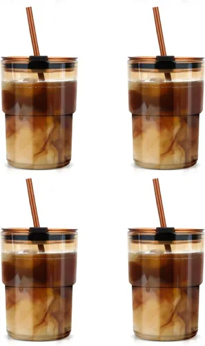 Vista 13 de Luxfuel Vaso Tumbler de Agua de Vidrio de 13 onzas con Pajita y Tapa, Tazas Reutilizables para Café Helado, Té Helado, Vaso Tumbler de Vidrio