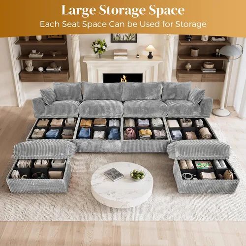 Vista 7 de Sofá modular sin hueso de 122 pulgadas con almacenamiento, sofá nube en forma de U con asiento extra profundo, sofás seccionales de pana de 6 plazas