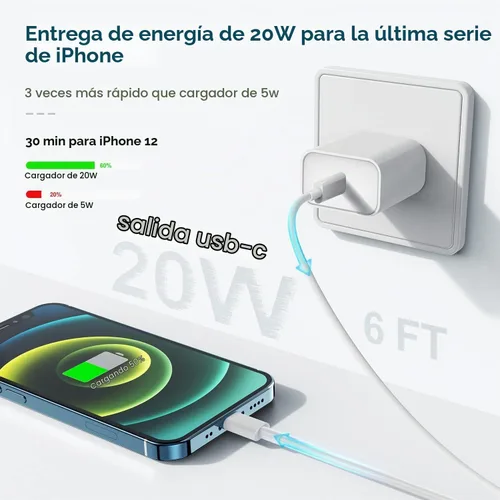 Vista 2 de Cargador de teléfono de carga rápida de 6 pies, bloque de cargador USB C rápido de 20 W con cable USB C a Lightning de 6 pies de longitud