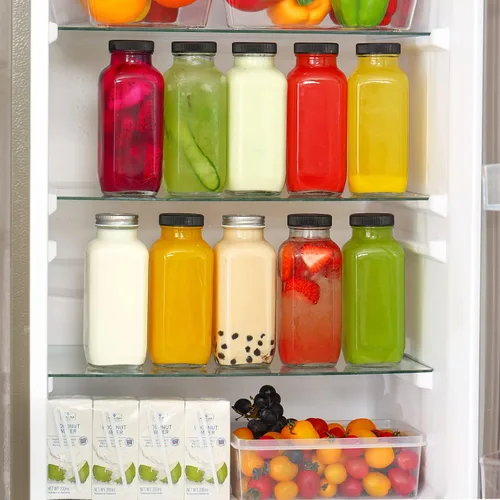 Vista 5 de CUCUMI 10 botellas de jugo de vidrio de 16 onzas con tapas, recipientes de jugo reutilizables, tarros de agua con cepillo, popotes de vidrio, tapas
