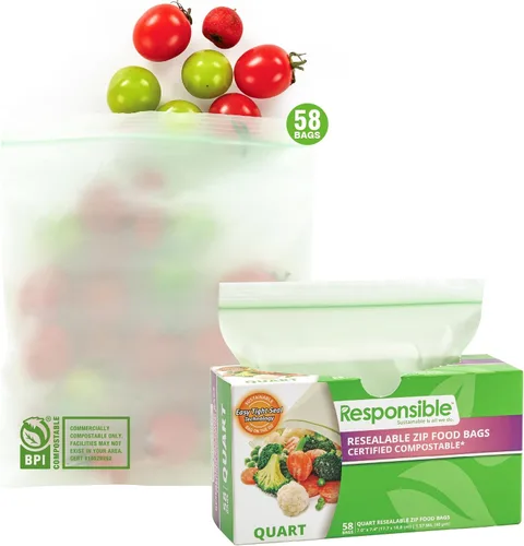 Vista 8 de Responsible Products Bolsa con cremallera resellable de gran galón compostable certificada, bolsas de alimentos extra resistentes, hechas
