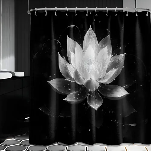 Vista 43 de Cortina de ducha con flores de loto negro y azul para decoración de baño, juego de cortinas decorativas de baño con estampado floral, tela